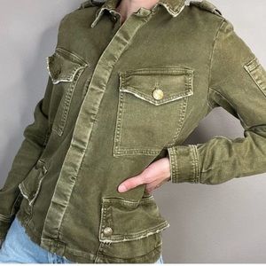 Current/Elliott slant pocket military denim jean jacket utility army green 2 M
